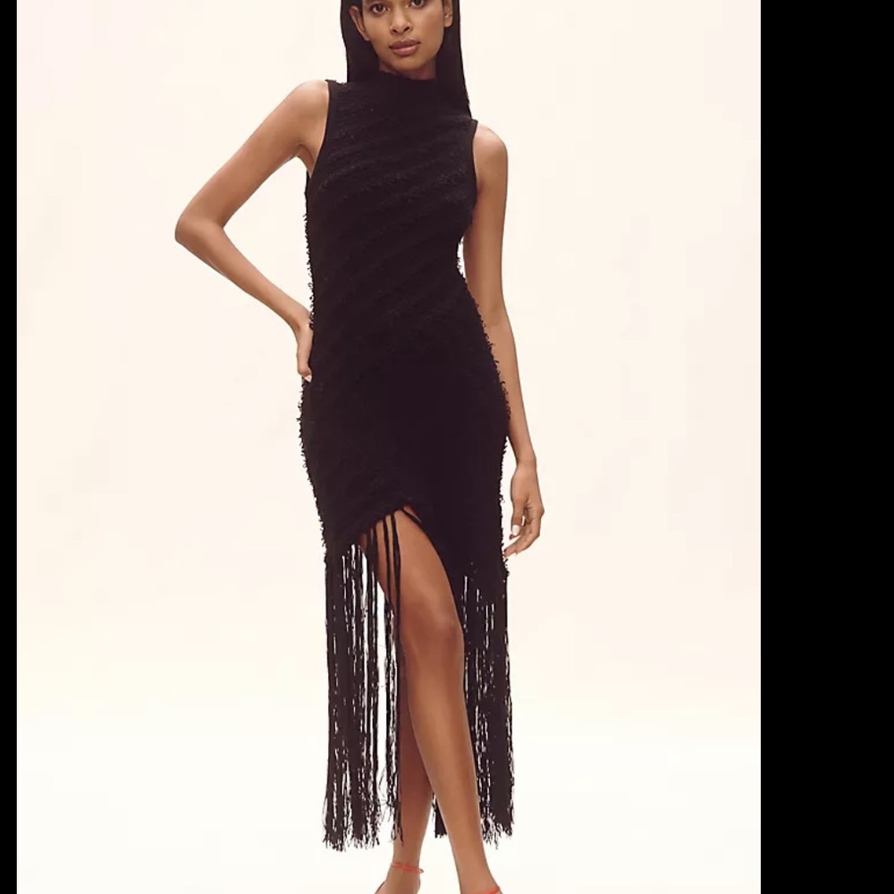 Anthropologie Sleeveless Mock-Neck Black Fringe Sweater Midi Dress
